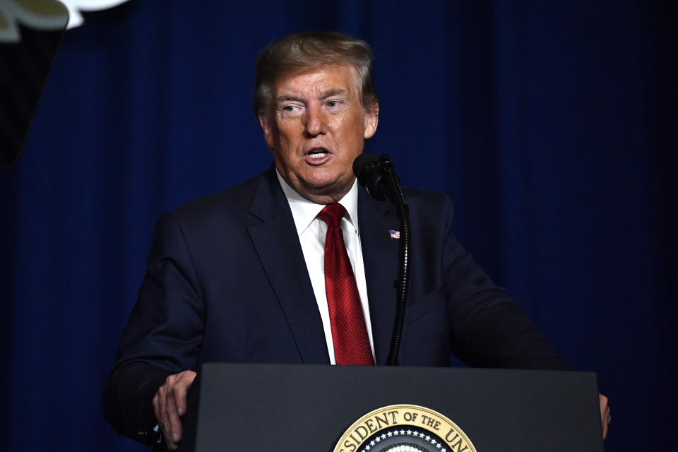 President Donald Trump speaks to the 75th annual AMVETS National Convention in Louisville, Ky., Wednesday, Aug.21, 2019. (AP Photo/Timothy D. Easley)