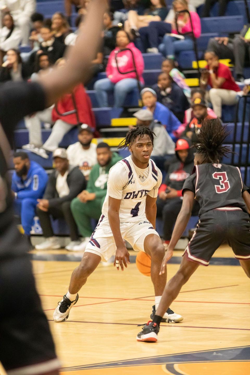 Dwyer's Robert Jones dribbles against Lake Worth in a game on Jan. 30, 2024.