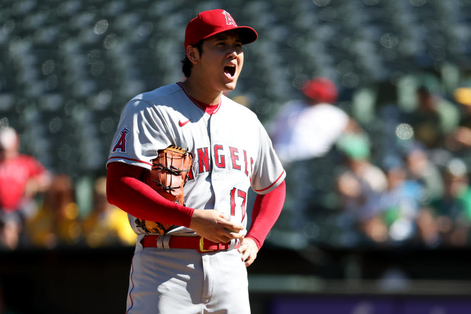 OAKLAND, CA - OCTOBER 05:   Los Angeles Angels two-way player Shohei Ohtani (17) reacts after giving up a run during the fifth inning against the Oakland Athletics on October 5, 2022, at Oakland Coliseum in Oakland, CA.  (Photo by Kiyoshi Mio/Icon Sportswire via Getty Images)