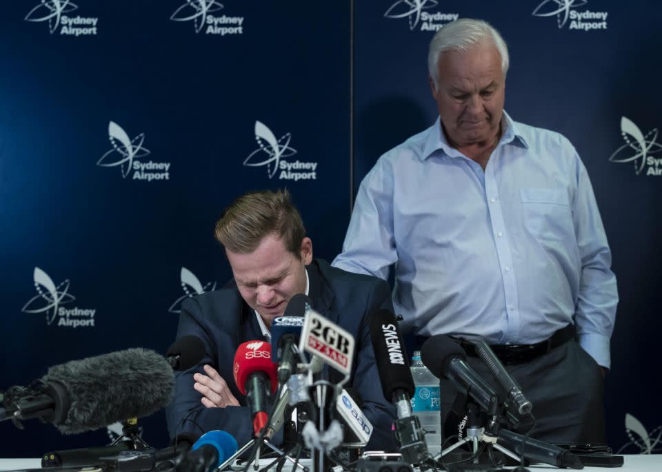 Steve Smith sobs at his press conference at Sydney Airport. Source: Getty