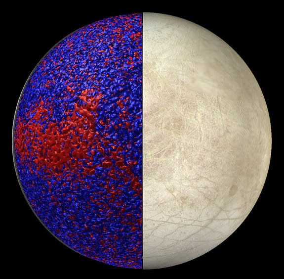 This rendering of Jupiter's icy moon Europa shows so-called isosurfaces of warmer (red) and cooler (blue) temperatures in a simulation of Europa’s global ocean dynamics. More heat is delivered to the ice shell near the equator where convection