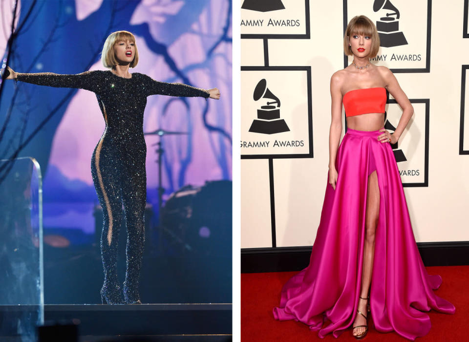 Taylor Swift in a sequined jumpsuit with sheer paneling on the sides; the “Bad Blood” singer on the red carpet in a red and pink ensemble. (Getty Images)