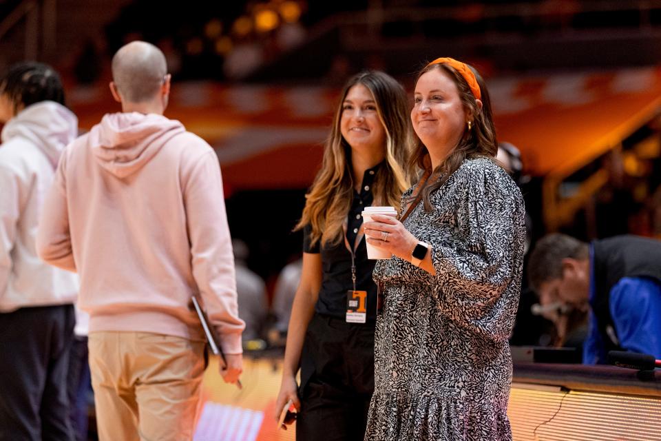 Tennessee director of basketball operations Mary-Carter Eggert watches the Vols warm up before playing South Carolina on Jan. 20, 2024, at Thompson-Boling Arena at Food City Center.