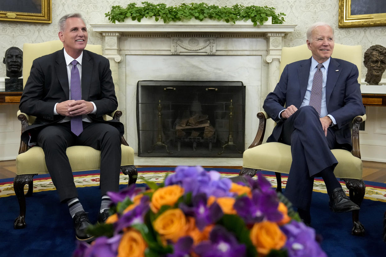 President Joe Biden meets with House Speaker Kevin McCarthy of Calif., to discuss the debt limit in the Oval Office of the White House, Monday, May 22, 2023, in Washington. (AP Photo/Alex Brandon)