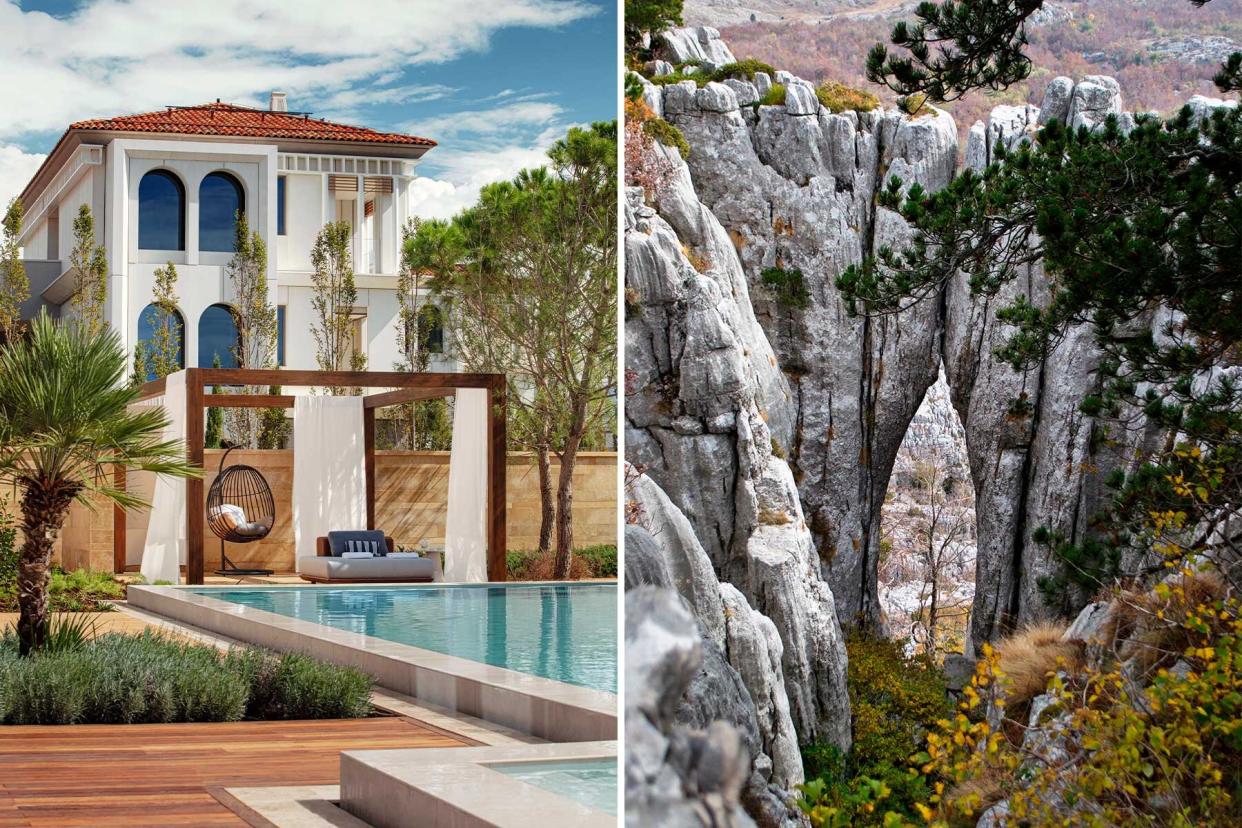 Two photos show a villa at the One&amp;Only Portonovi in Montenegro, and the distinctive landscape at Mount Subra