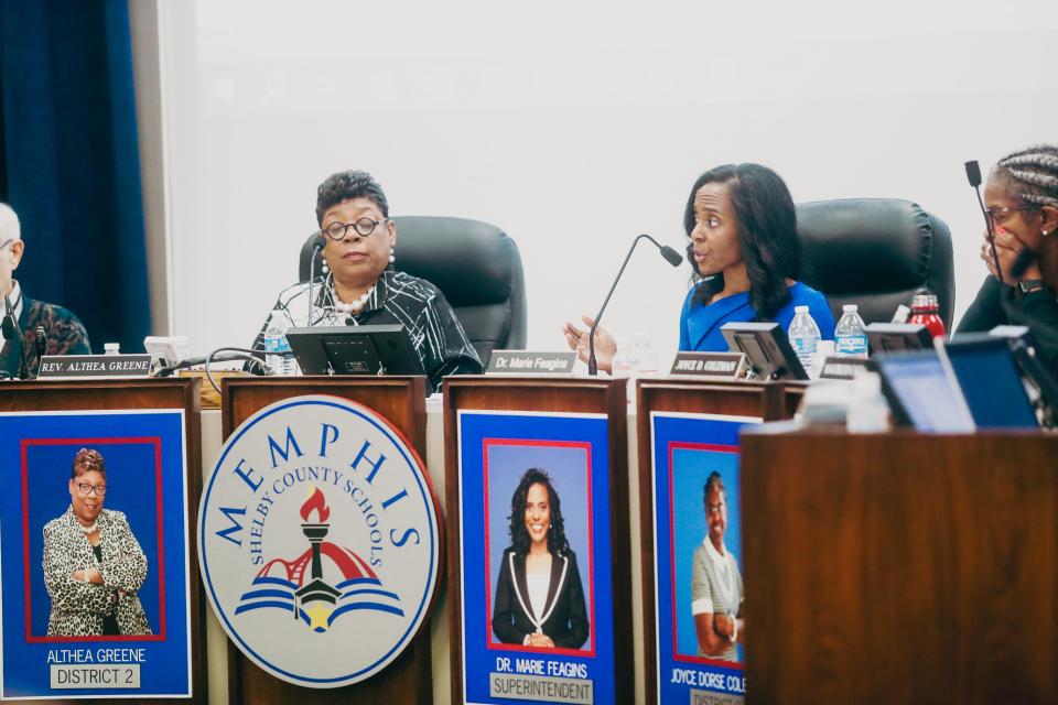 Superintendent Dr. Marie Feagins speaks during a special-called board meeting about the "rapid and chaotic changes taking place in Memphis-Shelby County Schools" on Tuesday, June 11, 2024, at Shelby County Board of Education in Memphis, Tenn.