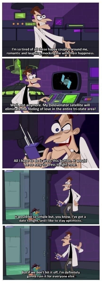 Comic panels from a show featuring Dr. Heinz Doofenshmirtz expressing frustration over romance, followed by a scheme to use an "inator" device