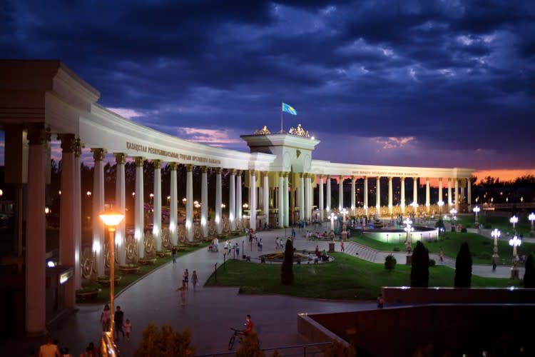 kazakhstan, park, green, white, president, central, urban, landmark, column, night, summer, light, entrance, clouds, asia, almaty, architecture, city, blue, beauty, sunset, outdoors, sight, first, beautiful, nature