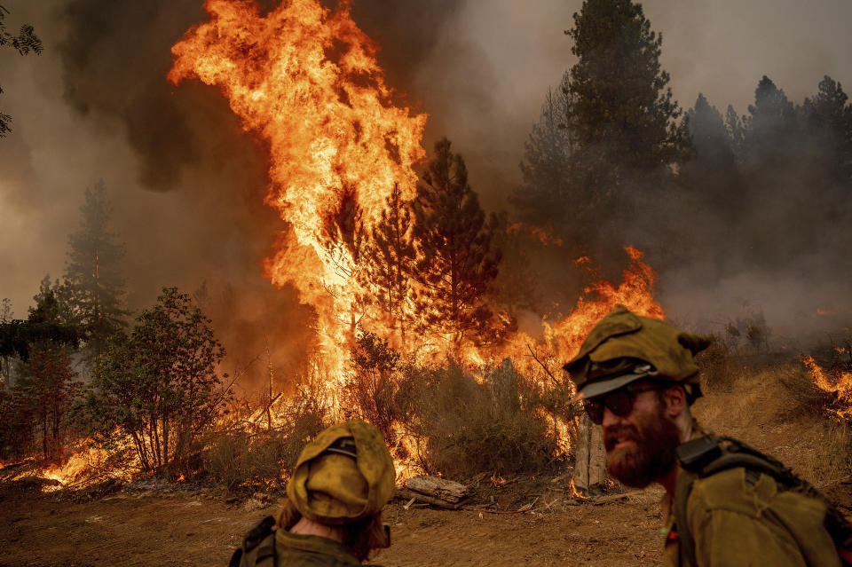 Alex Nelson monitors a backfire, flames lit by firefighters to burn off vegetation, while battling the Mosquito Fire in the Volcanoville community of El Dorado County, Calif., on Friday, Sept. 9, 2022. Nelson is part of Alaska's Pioneer Peak Interagency Hotshot crew. (AP Photo/Noah Berger)
