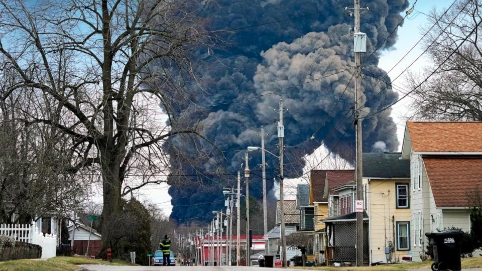 PHOTO: A black plume rises over East Palestine, Ohio, as a result of the controlled detonation of a portion of the derailed Norfolk Southern trains, Feb. 6, 2023. (Gene J. Puskar/AP, Files)
