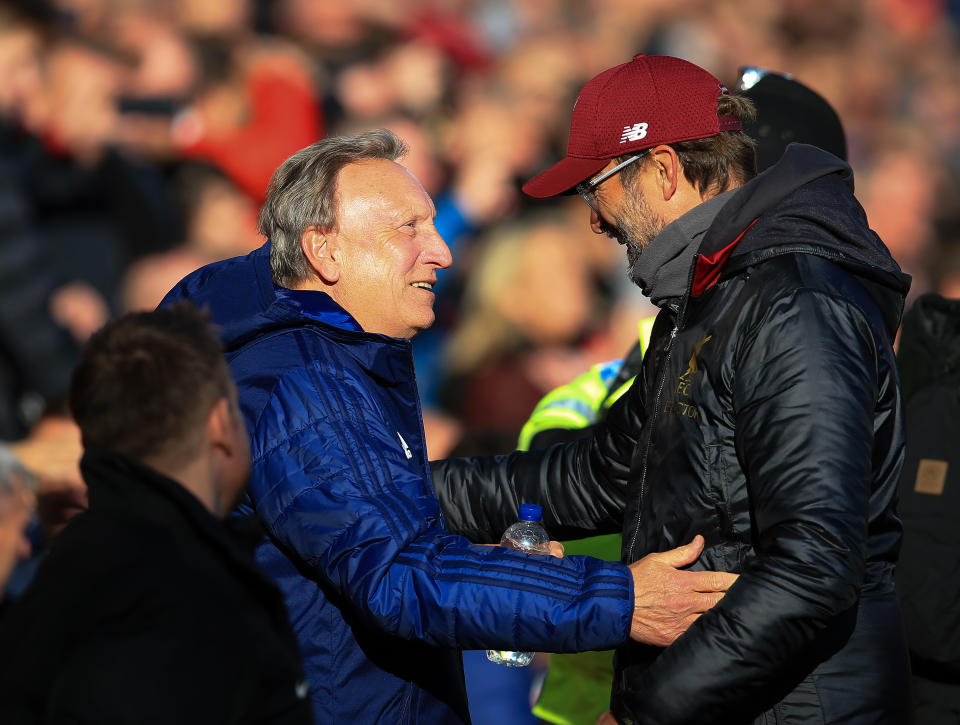 27th October 2018, Anfield, Liverpool, England; EPL Premier League football, Liverpool versus Cardiff City;  Liverpool manager Jurgen Klopp shakes hands with Cardiff City manager Neil Warnock (photo by David Blunsden/Action Plus via Getty Images)