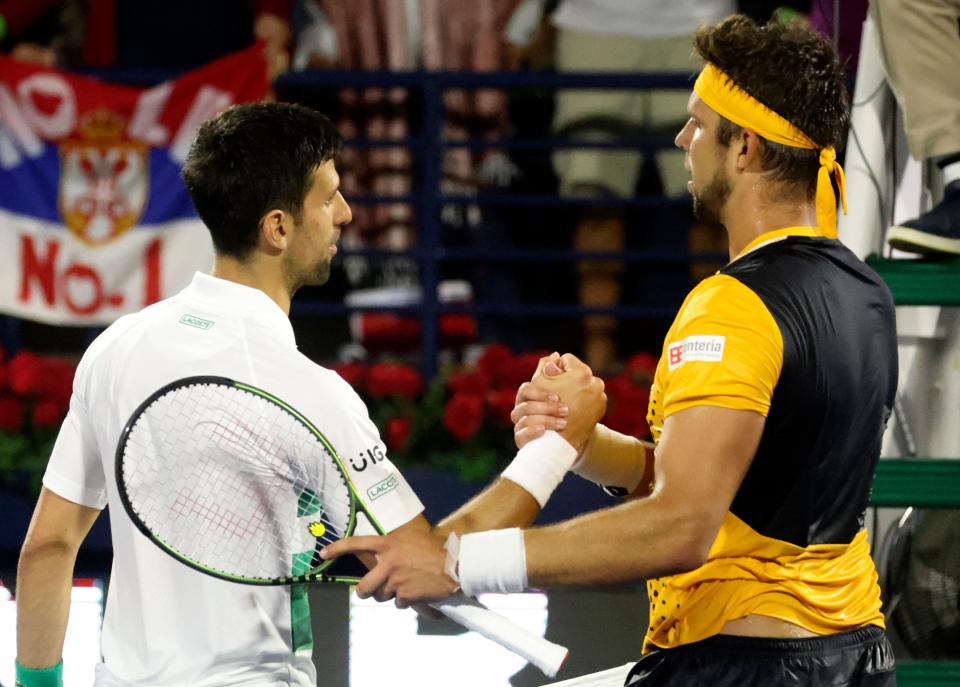 Novak Djokovic, pictured here congratulating Jiri Vesely after their quarter-final clash in Dubai.