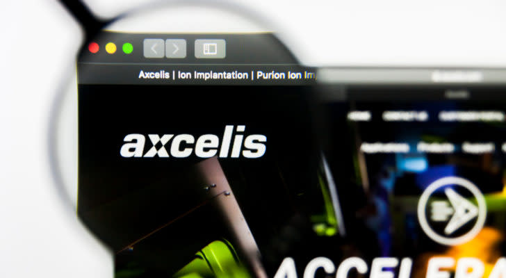 Bild vum Axcelis (ACLS) Logo op engem Webbrowser verstäerkt duerch d'Lens vun enger Lupe