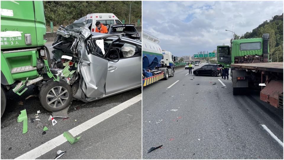 被肇事聯結車撞上的第一輛銀色轎車，車體嚴重壓縮變形。（翻攝畫面）