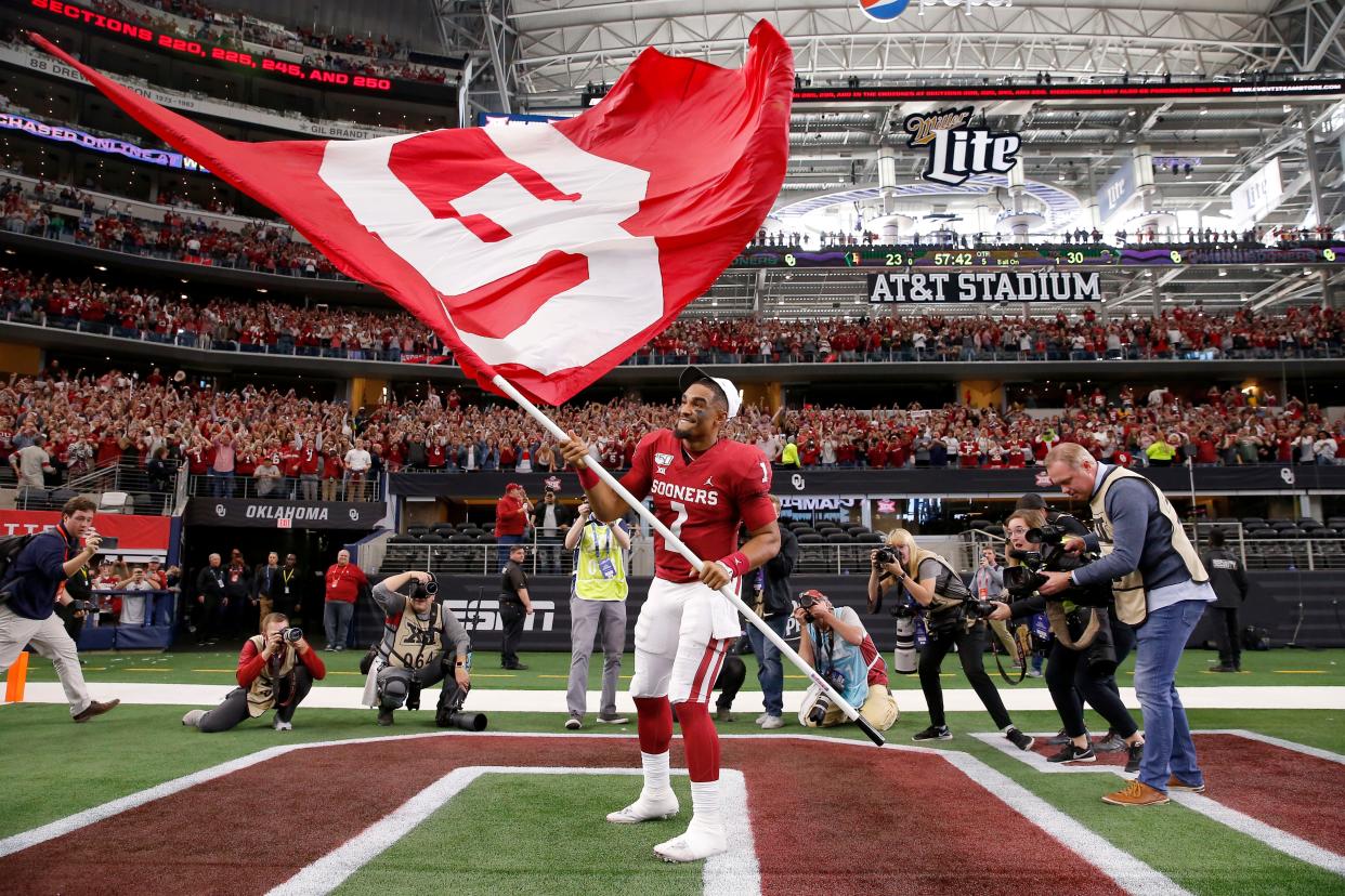 Oklahoma quarterback Jalen Hurts celebrates after the Sooners' 30-23 victory over Baylor in the 2019 Big 12 championship game. Oklahoma and Texas will leave the Big 12 after this school year to begin competition as members of the Southeastern Conference.