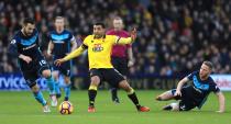 <p>Troy Deeney launches a Watford attack</p>