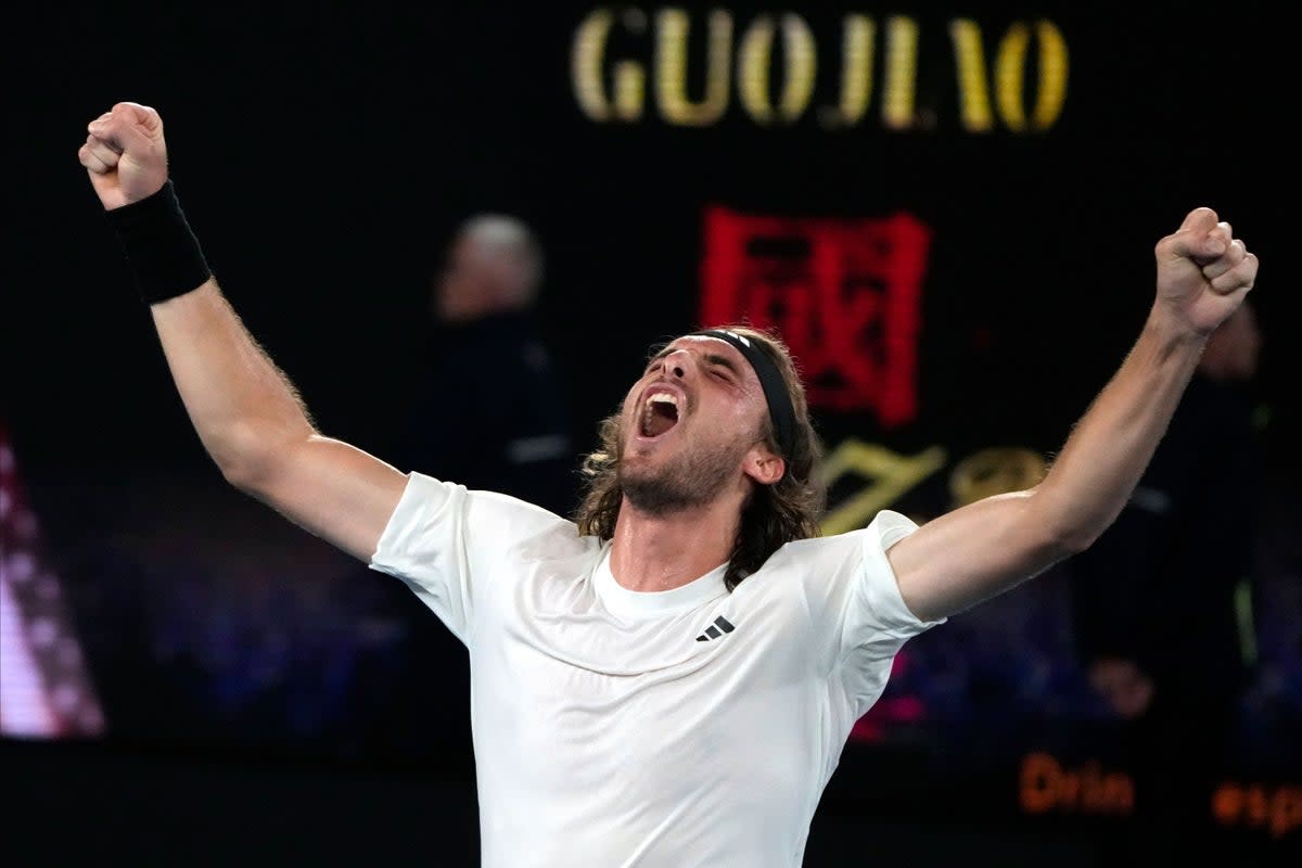 Stefanos Tsitsipas celebrates after defeating Jannik Sinner (Mark Baker/AP) (AP)