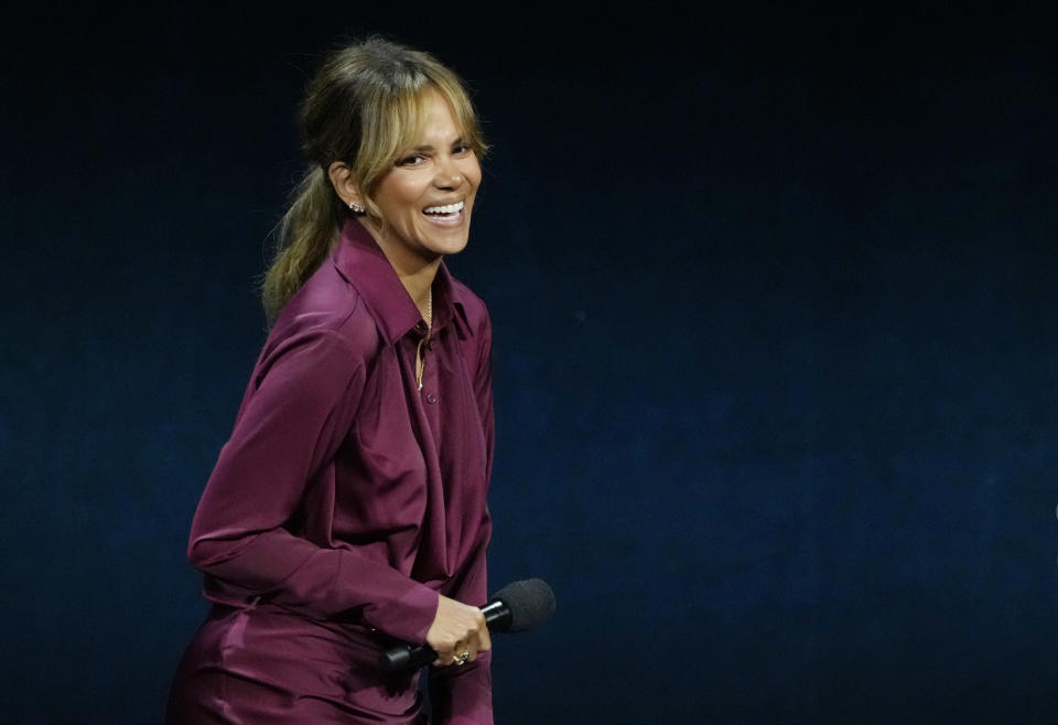 Halle Berry, a cast member in the upcoming film "Never Let Go," discusses the film during the Lionsgate presentation at CinemaCon 2024, Wednesday, April 10, 2024, at Caesars Palace in Las Vegas. (AP Photo/Chris Pizzello)
