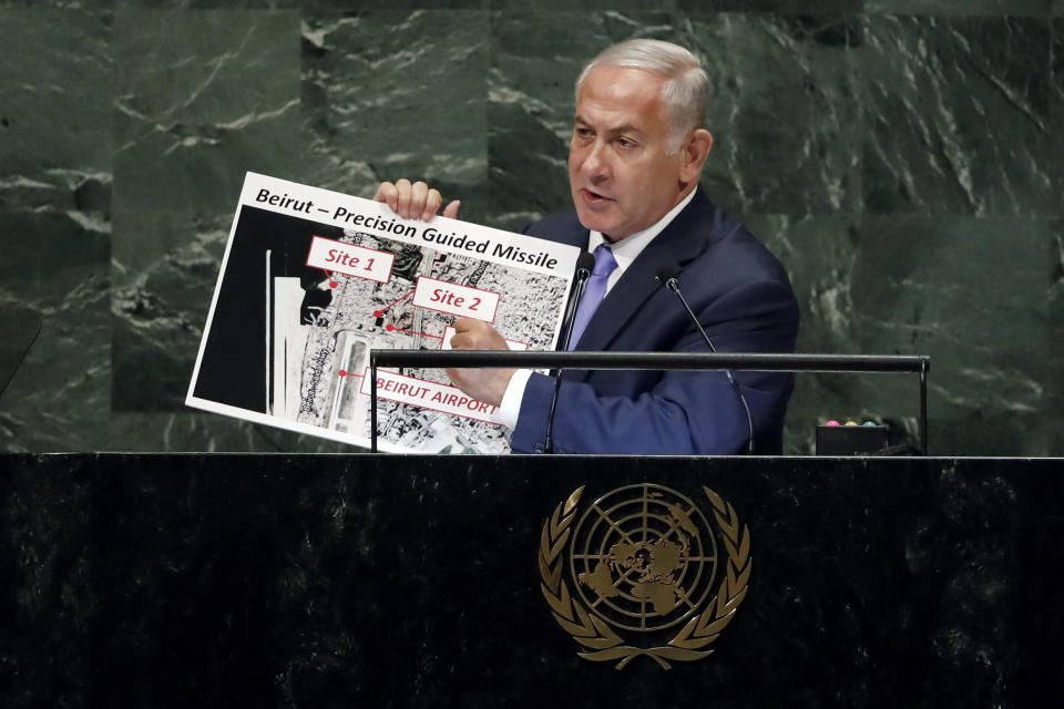 Israel's Prime Minister Benjamin Netanyahu shows guided missile sites in Beirut during his address of the 73rd session of the United Nations General Assembly, at U.N. headquarters, Thursday, Sept. 27, 2018. (AP Photo/Richard Drew)