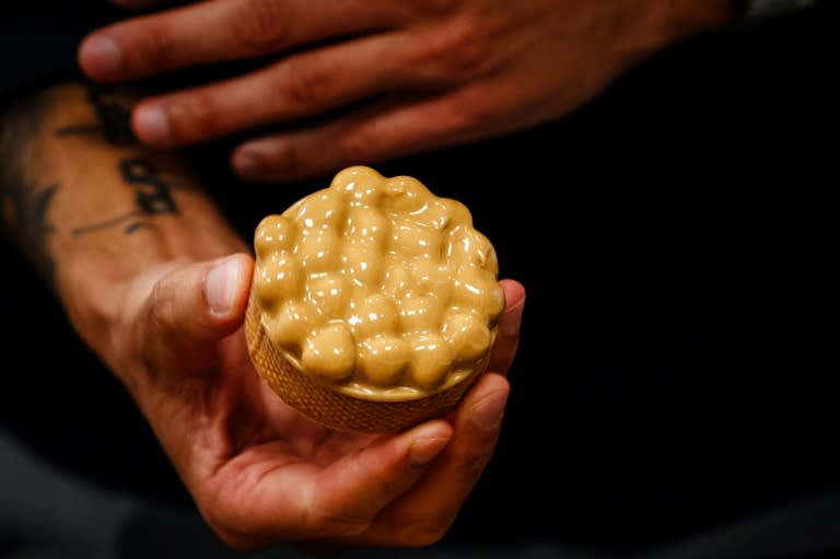 El chef pastelero Philippe Tayac muestra un pastelito de chocolate rubio y avellanas del fabricante Valrhona en París, el 1 de marzo de 2024 (Dimitar DILKOFF)