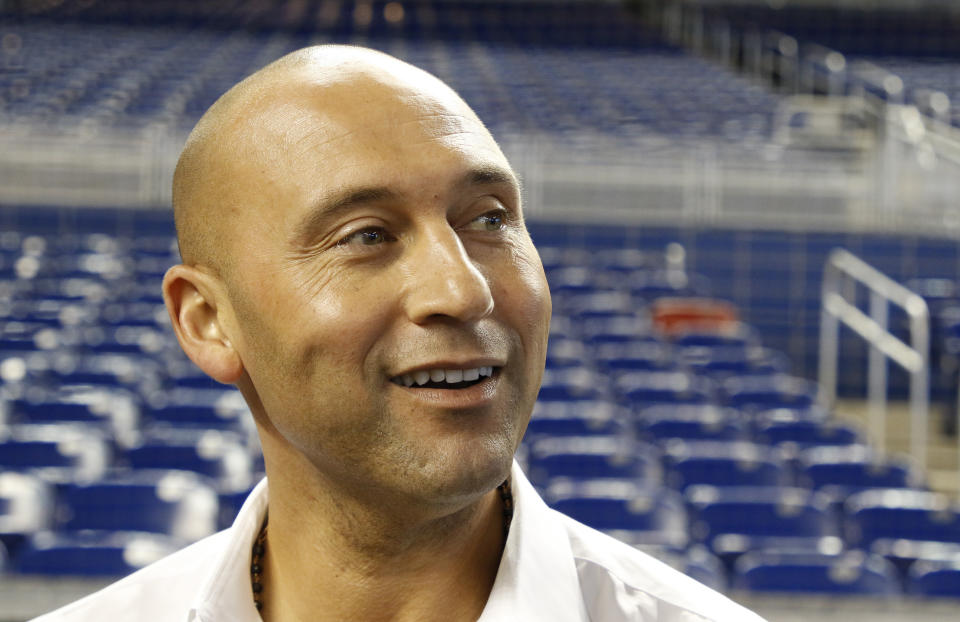 Miami Marlins CEO Derek Jeter speaks to the media before a baseball game against the Cincinnati Reds in Miami, Thursday, Sept. 20, 2018. (AP Photo/Joe Skipper)