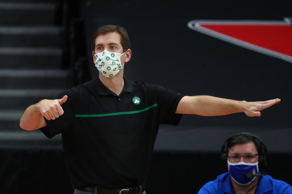 Jan 4, 2021; Tampa, Florida, USA; Boston Celtics head coach Brad Stevens against the Toronto Raptors during the second half at Amalie Arena. Mandatory Credit: Kim Klement-USA TODAY Sports