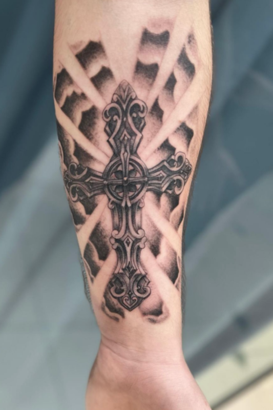 Forearm cross tattoo <p>tat2bymarlonm</p>