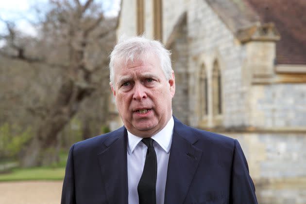 WINDSOR, ENGLAND - APRIL 11: Prince Andrew, Duke of York, attends the Sunday Service at the Royal Chapel of All Saints, Windsor, following the announcement on Friday April 9th of the death of Prince Philip, Duke of Edinburgh, at the age of 99, on April 11, 2021 in Windsor, England. (Photo by Steve Parsons - WPA Pool/Getty Images) (Photo: WPA Pool via Getty Images)