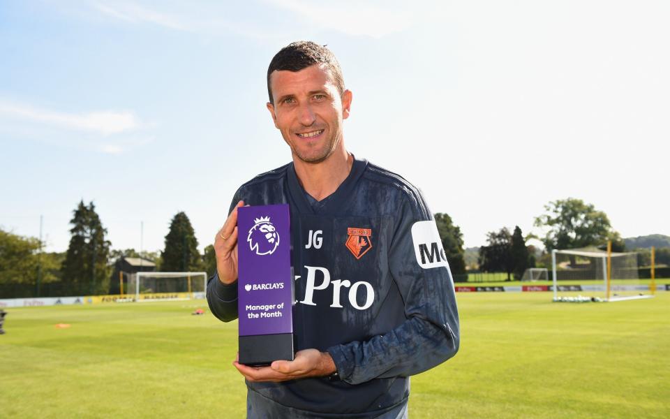 Javi Gracia, Manager of Watford FC poses with the Barclays Manager of the Month Award for August 2018 - Getty Images