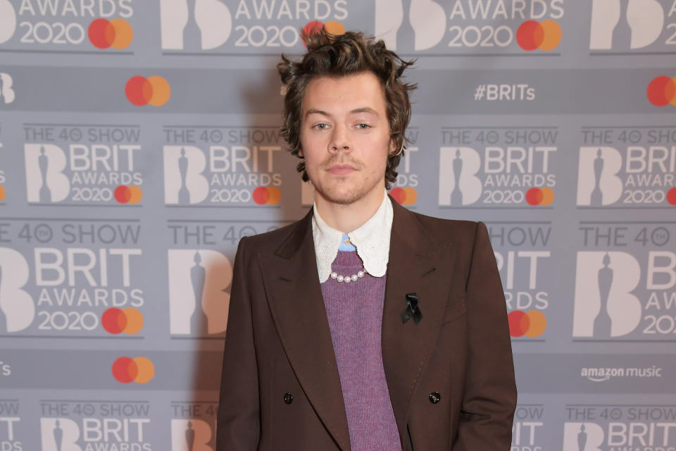 LONDON, ENGLAND - FEBRUARY 18: (EDITORIAL USE ONLY)  Harry Styles attends The BRIT Awards 2020 at The O2 Arena on February 18, 2020 in London, England.  (Photo by David M. Benett/Dave Benett/Getty Images)