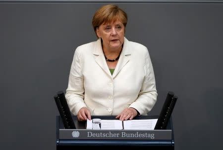 German Chancellor Angela Merkel delivers a government declaration on the consequences of the Brexit vote at the lower house of parliament Bundestag in Berlin, Germany, June 28, 2016. REUTERS/Fabrizio Bensch