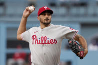 Philadelphia Phillies starting pitcher Zach Eflin throws to the plate during the first inning of a baseball game against the Los Angeles Dodgers Tuesday, June 15, 2021, in Los Angeles. (AP Photo/Mark J. Terrill)