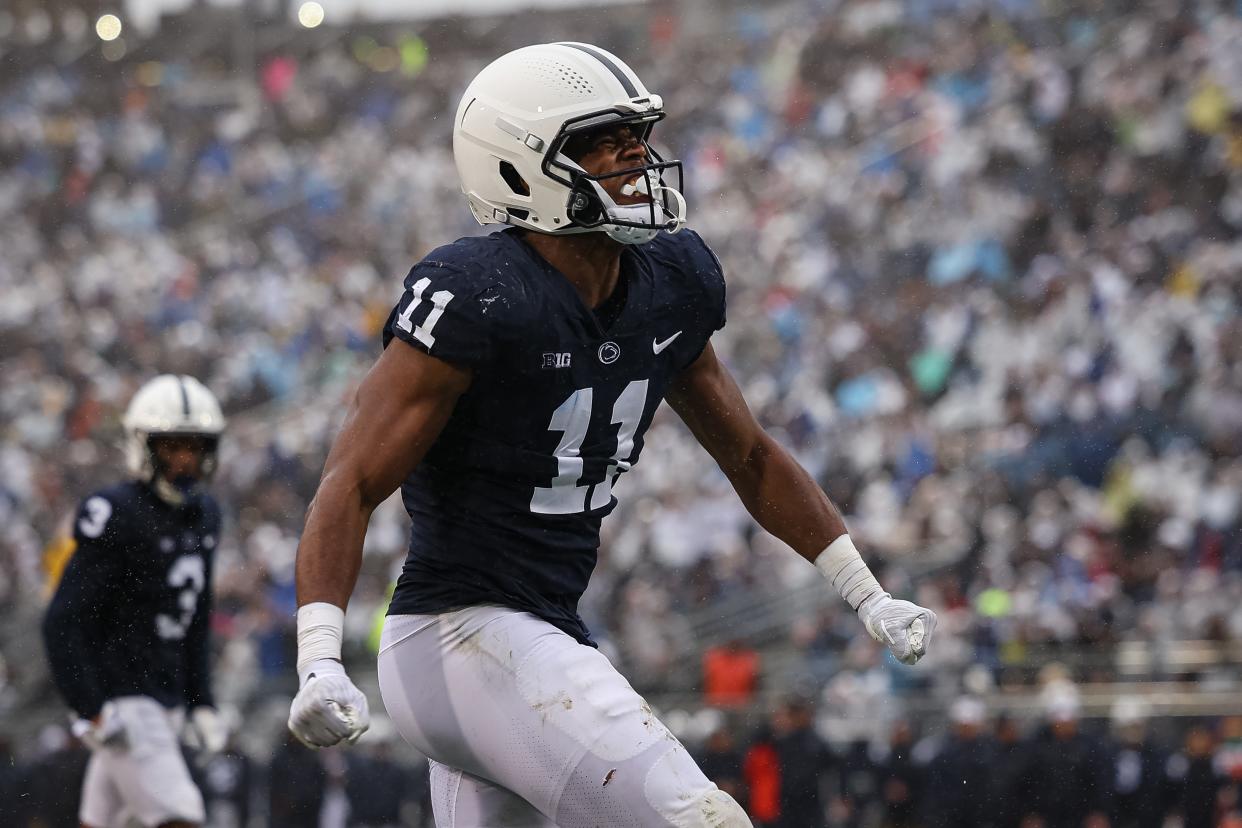 STATE COLLEGE, PA - OCTOBER 01: Abdul Carter #11 of the Penn State Nittany Lions celebrates after a defensive play against the Northwestern Wildcats during the first half at Beaver Stadium on October 1, 2022 in State College, Pennsylvania. (Photo by Scott Taetsch/Getty Images)