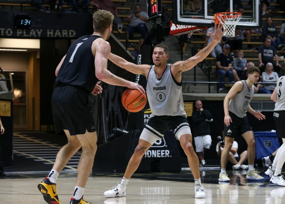 Purdue Boilermaker forward Mason Gillis (0) guards forward Caleb Furst (1) during a scrimmage game, on Saturday, Oct. 22, 2022, at Mackey Arena, in West Lafayette.