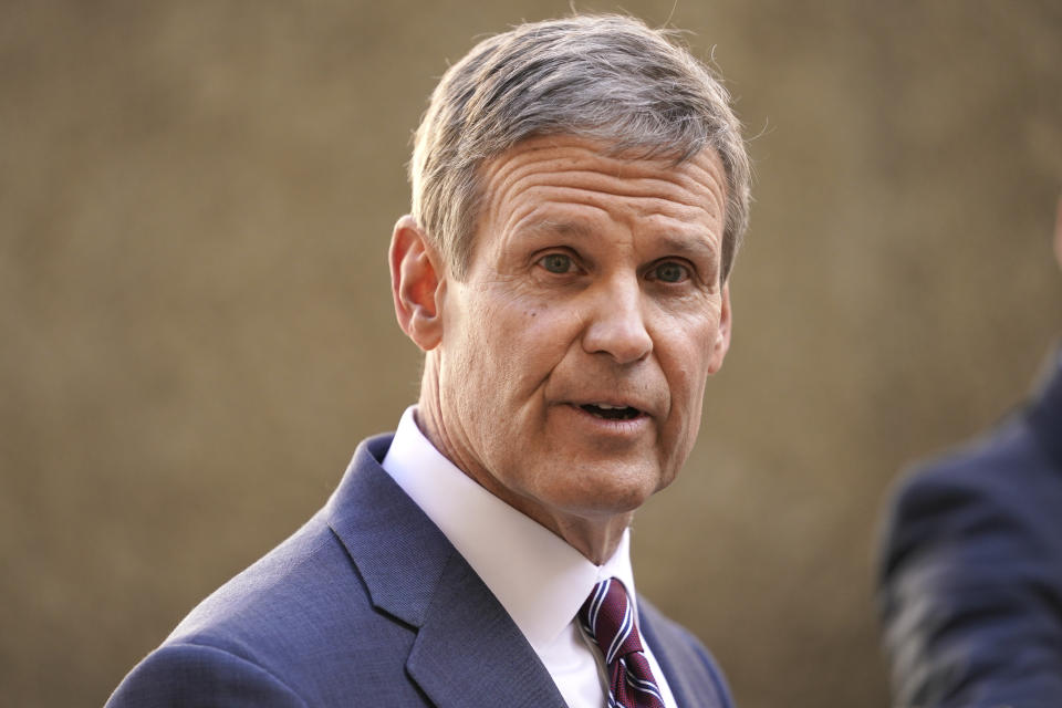 Tennessee Gov. Bill Lee speaks to reporters Tuesday, Jan. 19, 2021, in Nashville, Tenn. (AP Photo/Mark Humphrey)