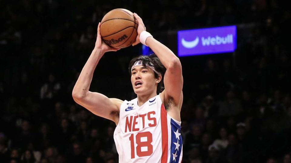 Oct 29, 2022; Brooklyn, New York, USA; Brooklyn Nets forward Yuta Watanabe (18) leaps in the air to make a pass against the Indiana Pacers in the third quarter at Barclays Center. Mandatory Credit: Wendell Cruz-USA TODAY Sports