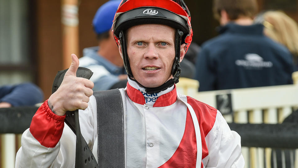 Anthony Boyd after winning Ballarat Conveyancing BM58 Handicap at Avoca Racecourse on October 21, 2017 in Avoca, Australia. (Brett Holburt/Racing Photos via Getty Images)