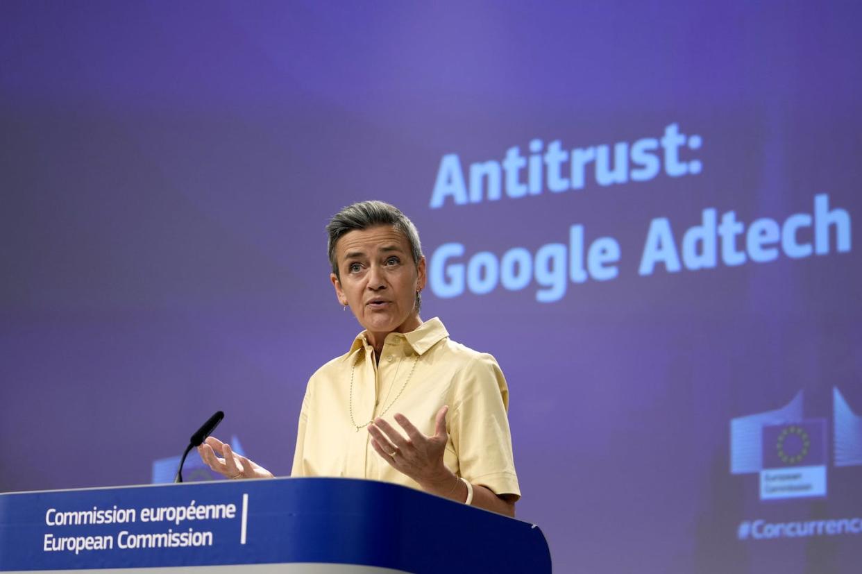 European Commission Vice President Margrethe Vestager discusses the EU's antitrust case against Google. <a href="https://newsroom.ap.org/detail/BelgiumEUGoogleAdtechAntitrust/db596e9918664450ac89d24705dc1553/photo" rel="nofollow noopener" target="_blank" data-ylk="slk:AP Photo/Virginia Mayo;elm:context_link;itc:0;sec:content-canvas" class="link ">AP Photo/Virginia Mayo</a>