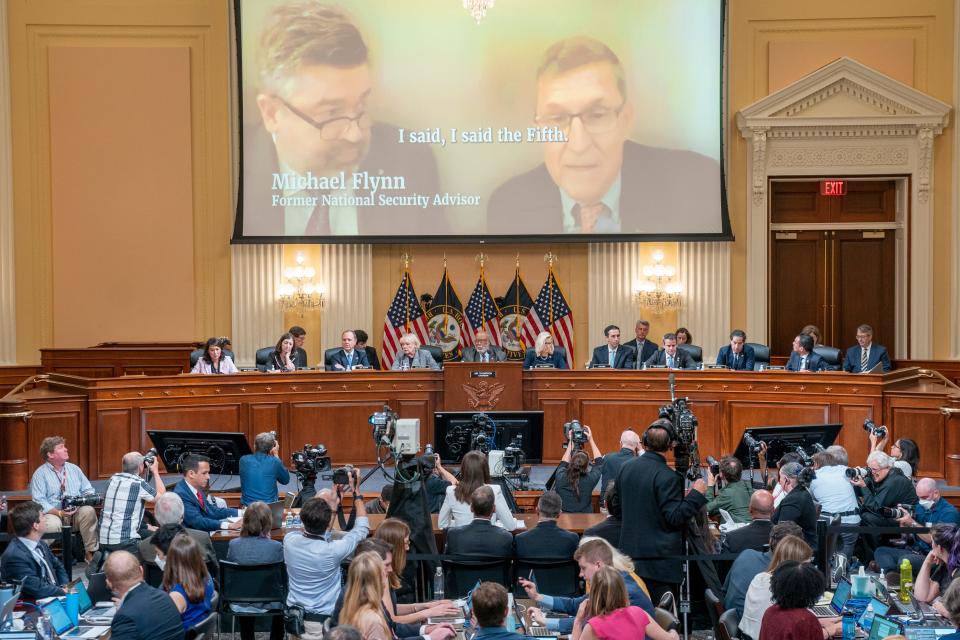 A video of former national security advisor Michael Flynn plays as Cassidy Hutchinson, former special assistant to President Donald Trump, testifies during the sixth public hearing by the House committee investigating the Jan. 6, 2021, attack on the U.S. Capitol, on June 28.