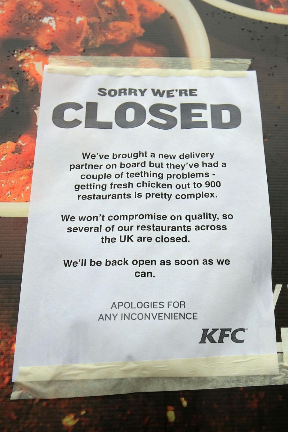 A closed sign outside a KFC restaurant (Gareth Fuller/PA )