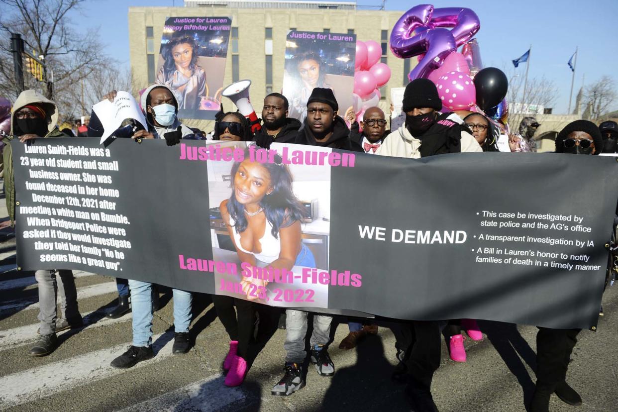 Family and friends of Lauren Smith-Fields gathered Sunday for a protest march in her memory in Bridgeport, Conn.  (Ned Gerard / Hearst Connecticut Media via AP)