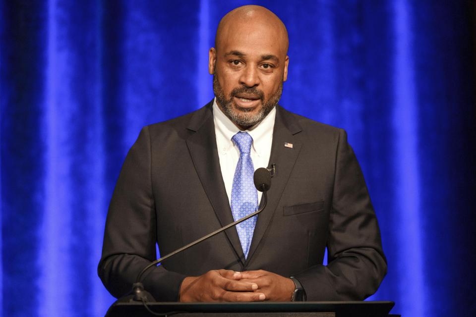 Marcus Flowers speaks at the Congressional District 13 Debate Democrats during the Atlanta Press Club Loudermilk-Young Debate Series on April 28, 2024, in Atlanta. U.S. Rep. David Scott faces multiple Democratic primary opponents, including Flowers in his quest for a 12th congressional term in a sharply reconfigured suburban Atlanta district.(AP Photo/Jason Allen)