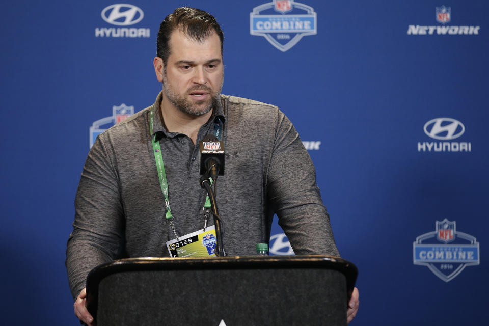 FILE - In this Feb. 25, 2016, file photo, then-Indianapolis Colts general manager Ryan Grigson responds to a question during a news conference at the NFL football scouting combine in Indianapolis. Former Colts general manager Ryan Grigson has been named a senior advisor for the Cleveland Browns, reuniting with vice president of football operations Andrew Berry, who has filled out his front office. (AP Photo/Darron Cummings, File)