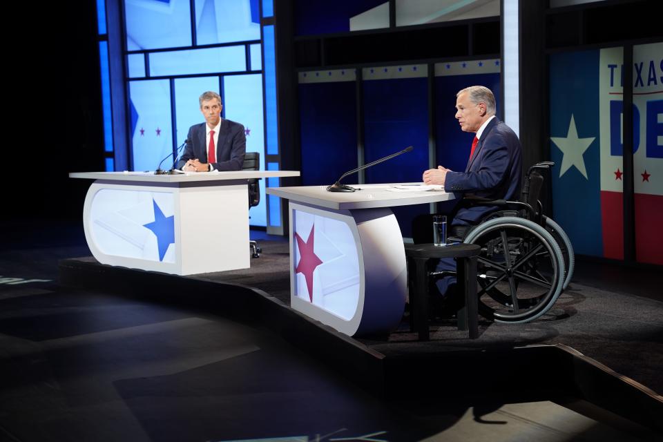 Gubernatorial candidates Beto O'Rourke and Gov. Greg Abbott square off in a debate in Edinburg, Texas, on Friday, Sept. 30, 2022.