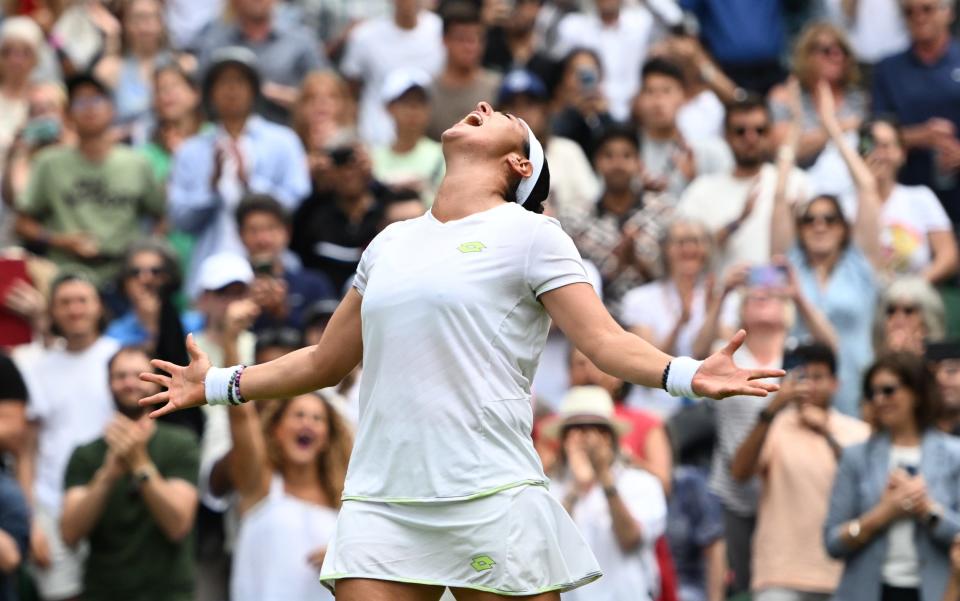 Ons Jabeur celebrates reaching Wimbledon semi-finals