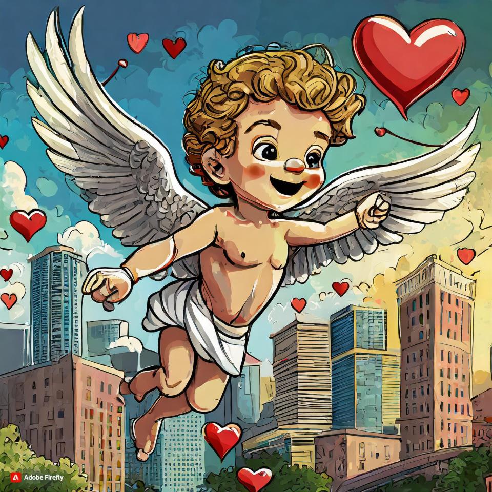 This design was created with Adobe FireFly's generative AI photo tool. The AI was told to create an image of a cartoon cupid, depicted as a cherub flying over downtown Tampa.