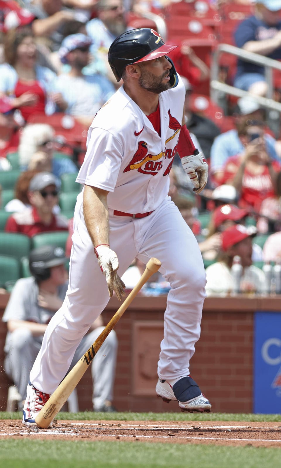 St. Louis Cardinals' Paul Goldschmidt tosses the bat as he watches his solo home run in the first inning of a baseball game against the Detroit Tigers, Sunday, May 7, 2023, in St. Louis. (AP Photo/Tom Gannam)