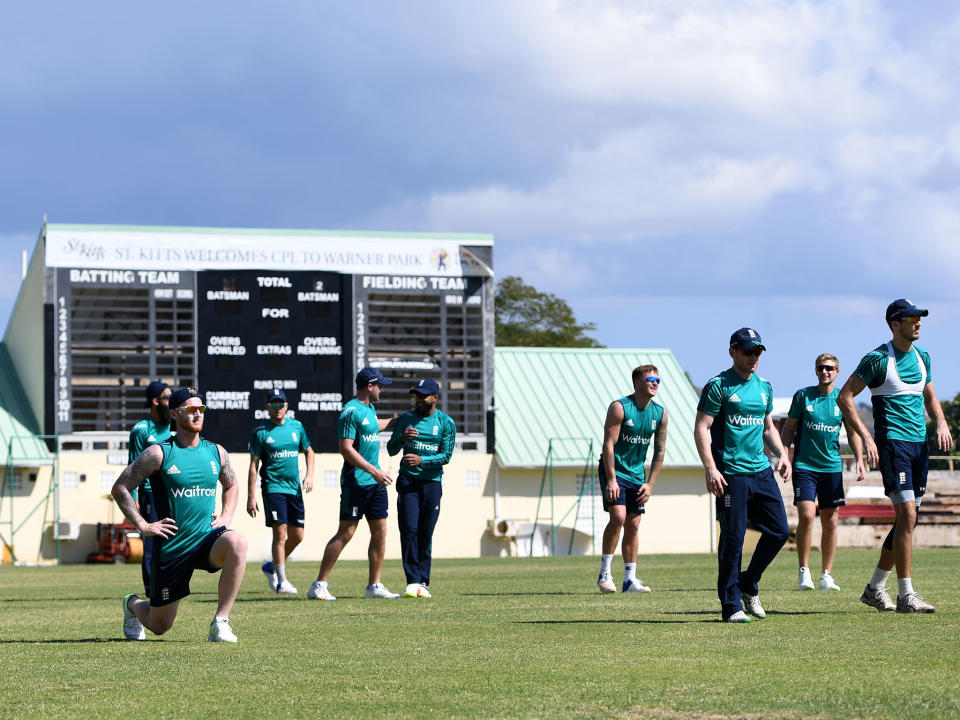 England's players warm up during a nets session at Warner Park on February 23, 2017: Getty