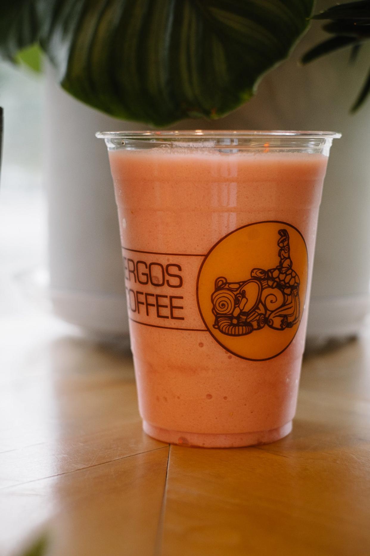 The Raspberry Smoothie at Sunergos Coffee is raspberry blended with non-fat yogurt or ice cream.