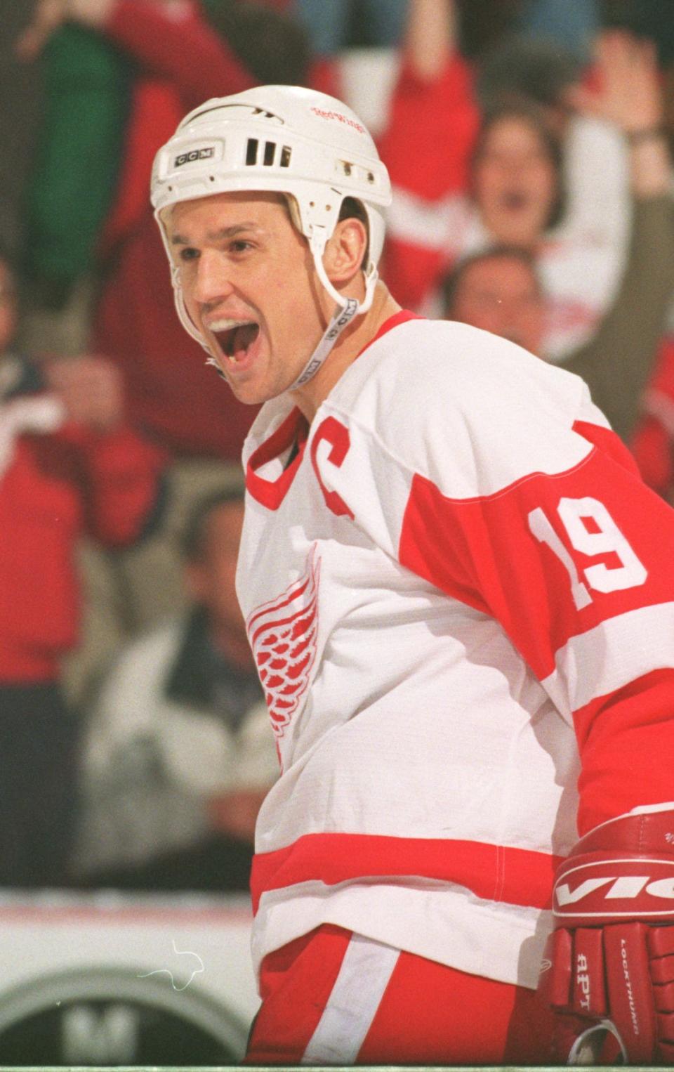 Detroit Red Wings' Steve Yzerman celebrates his nearly 90-foot slap shot vs. the St. Louis Blues for the first goal of the night during the first period in Game 5 of the first round playoff series at Joe Louis Arena, April 25, 1997.
